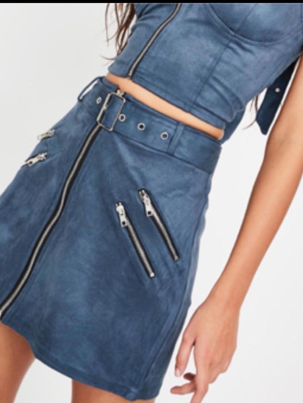 Honey Punch Slate Blue Zip-Front Mini Skirt with Belt